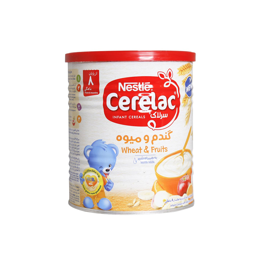 nestle 2 سرلاک گندم و میوه به همراه شیر نستله مناسب کودکان از پایان 8 ماهگی ۴۰۰ گرم